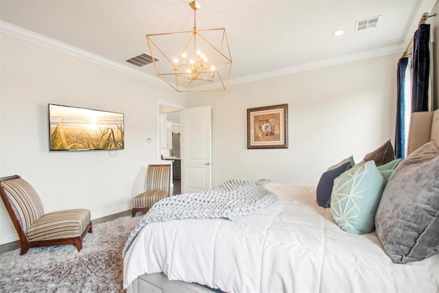 bedroom with visible vents and ornamental molding