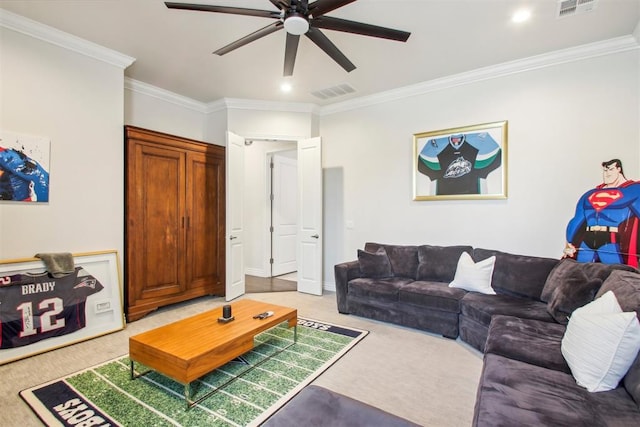 living room featuring visible vents, light colored carpet, and ornamental molding