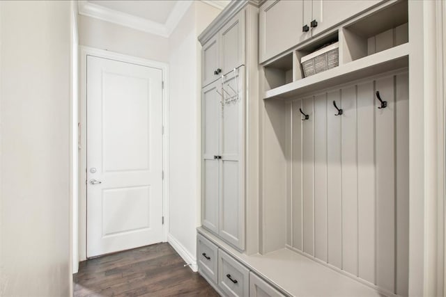 mudroom featuring dark wood-style floors and ornamental molding