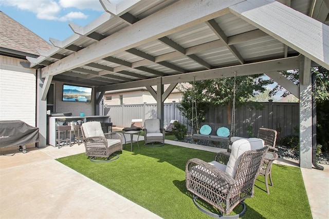 view of patio / terrace featuring an outdoor living space, a grill, and fence