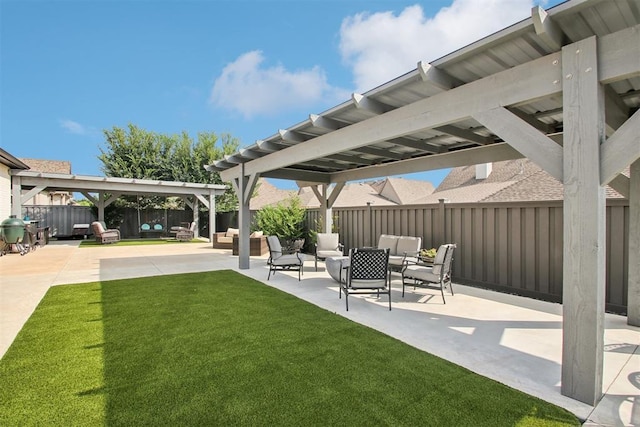 view of patio / terrace with an outdoor living space, a fenced backyard, and a pergola