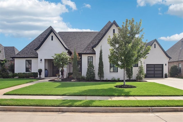 french country style house featuring brick siding, a garage, concrete driveway, and a front yard