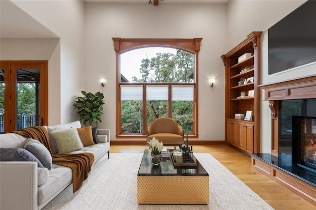 living room with a wealth of natural light, a fireplace, and light hardwood / wood-style flooring