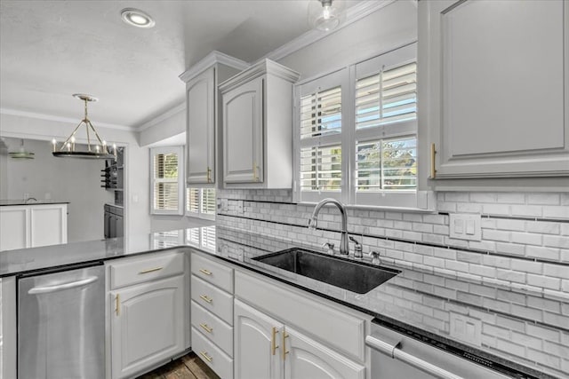 kitchen with white cabinetry, sink, decorative backsplash, and dishwasher