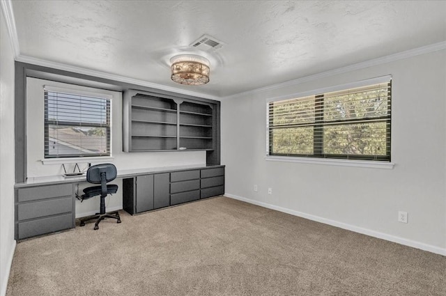 carpeted home office featuring crown molding