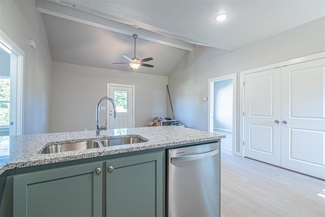 kitchen with sink, light hardwood / wood-style flooring, green cabinets, vaulted ceiling with beams, and stainless steel dishwasher