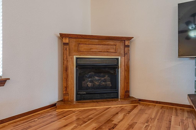 details featuring a fireplace with raised hearth, baseboards, and wood finished floors