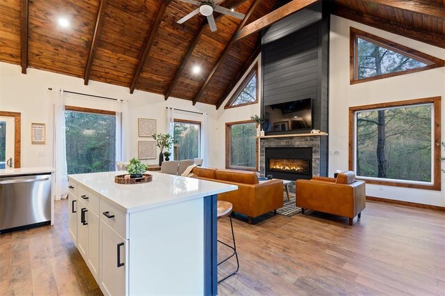 kitchen featuring wood ceiling, a fireplace, white cabinets, a kitchen island, and stainless steel dishwasher