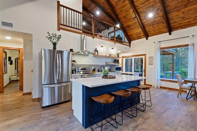 kitchen with a kitchen island, appliances with stainless steel finishes, a kitchen bar, wood ceiling, and wall chimney range hood