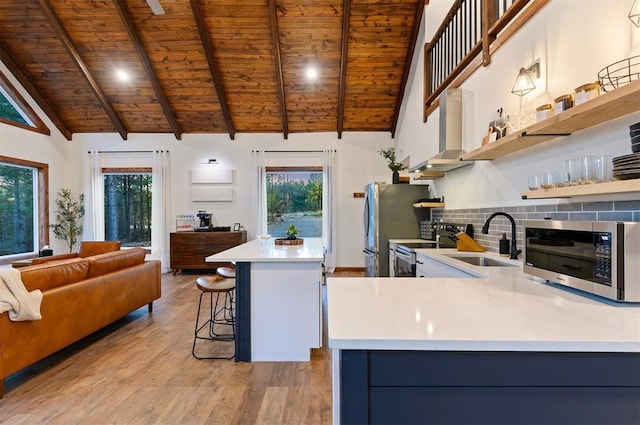 kitchen featuring appliances with stainless steel finishes, a breakfast bar, sink, wooden ceiling, and wall chimney exhaust hood