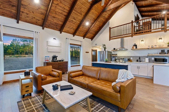 living room with high vaulted ceiling, wood ceiling, and light hardwood / wood-style floors