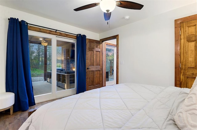 bedroom featuring access to outside and ceiling fan