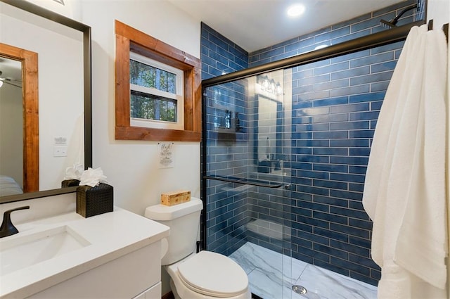 bathroom featuring vanity, a shower with door, and toilet