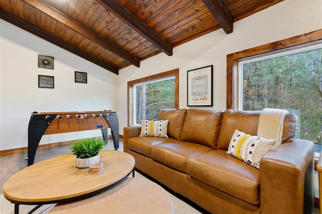 living room featuring vaulted ceiling with beams and wood ceiling