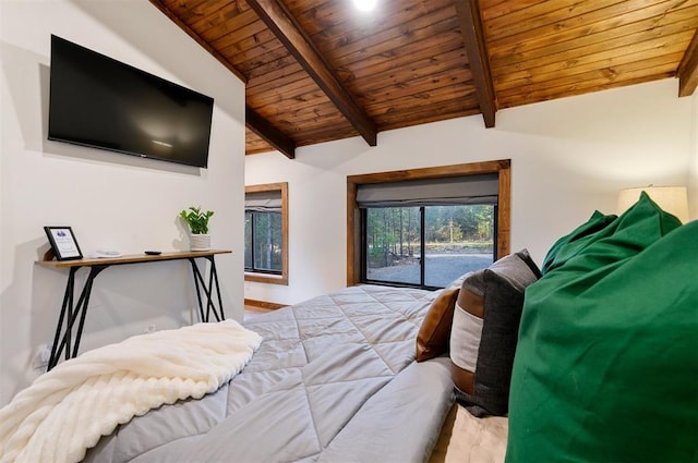 bedroom featuring vaulted ceiling with beams, wooden ceiling, and access to exterior