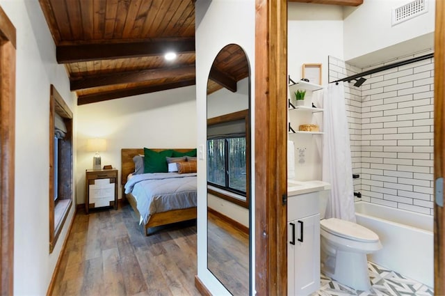 bedroom with wood ceiling, lofted ceiling with beams, and dark hardwood / wood-style floors