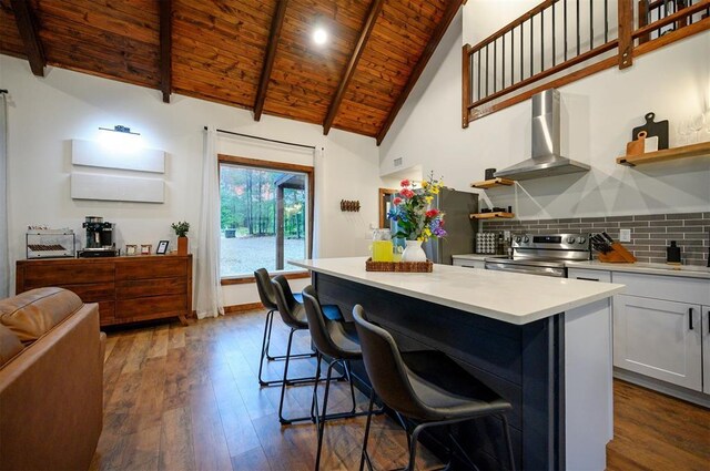 1194 Camp Ranch Rd, Broken Bow, OK 74728 - kitchen featuring appliances with stainless steel finishes, wall chimney exhaust hood, wood ceiling, dark wood-type flooring, and a kitchen island