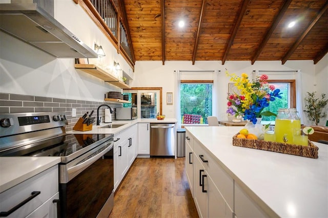 1194 Camp Ranch Rd, Broken Bow, OK 74728 - kitchen featuring appliances with stainless steel finishes, wooden ceiling, a sink, open shelves, and under cabinet range hood