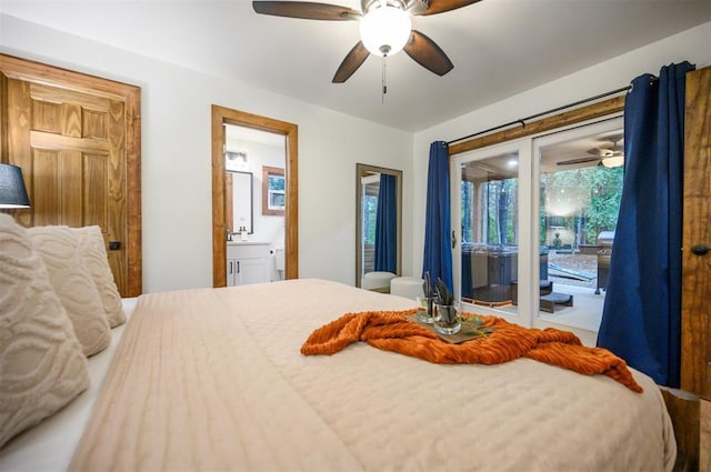 1194 Camp Ranch Rd, Broken Bow, OK 74728 - bedroom with access to exterior, ensuite bathroom, and ceiling fan