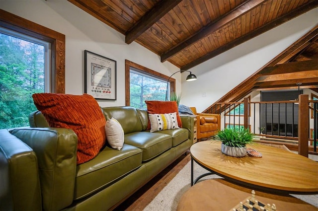 1194 Camp Ranch Rd, Broken Bow, OK 74728 - living room featuring wood ceiling, stairs, and wood finished floors