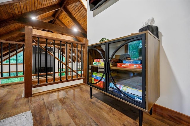 1194 Camp Ranch Rd, Broken Bow, OK 74728 - stairway with hardwood / wood-style flooring, wooden ceiling, and baseboards