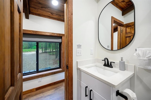 1194 Camp Ranch Rd, Broken Bow, OK 74728 - bathroom with wood finished floors, vanity, and wooden ceiling