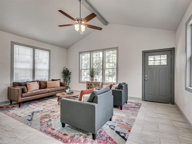 living room featuring ceiling fan and lofted ceiling with beams