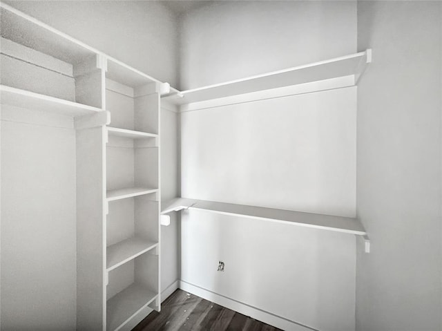 walk in closet with dark wood-type flooring