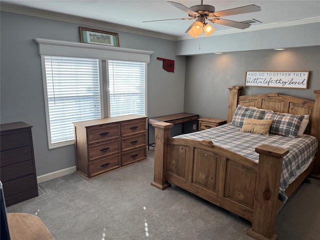 bedroom with light carpet, ornamental molding, multiple windows, and visible vents