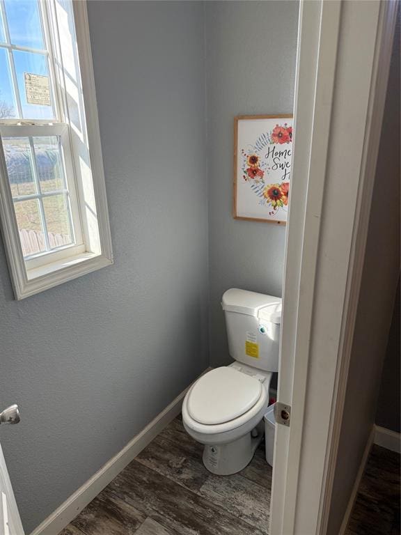 bathroom with baseboards, toilet, and wood finished floors