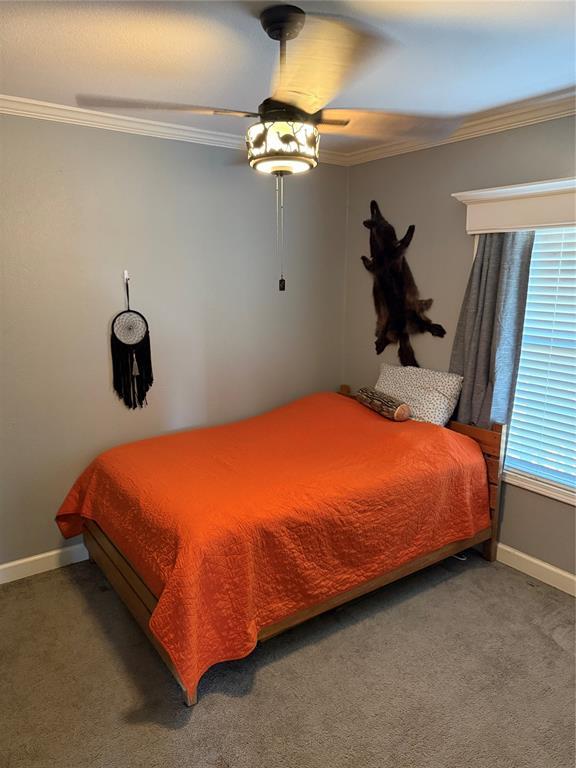 bedroom featuring carpet, baseboards, and ornamental molding
