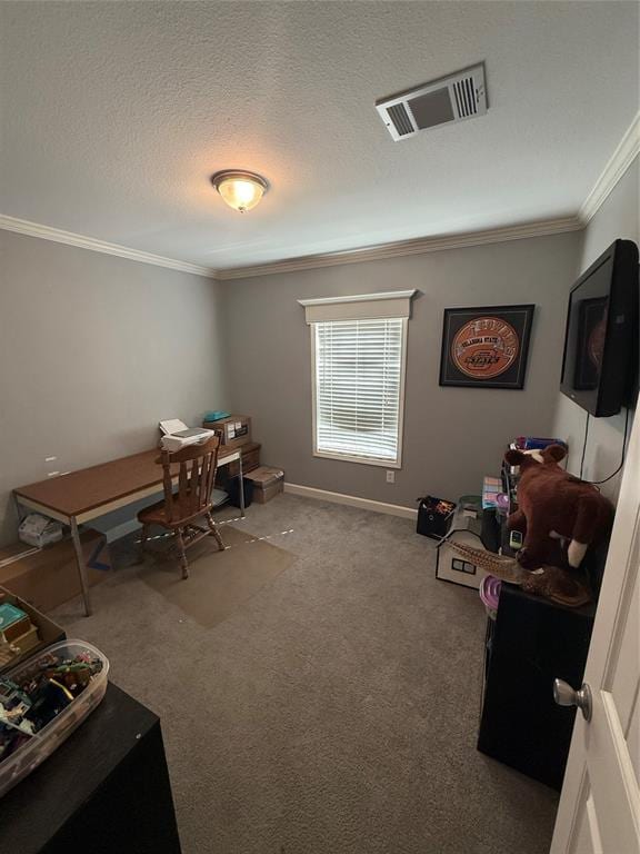 carpeted home office featuring a textured ceiling, visible vents, crown molding, and baseboards