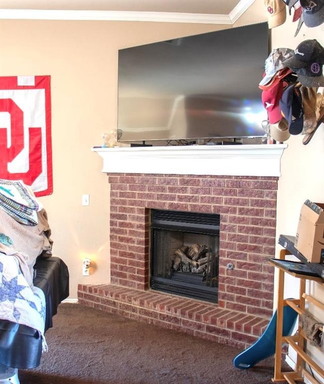 details featuring a brick fireplace, carpet, and ornamental molding