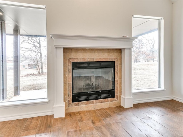 room details featuring a fireplace, baseboards, and wood finished floors