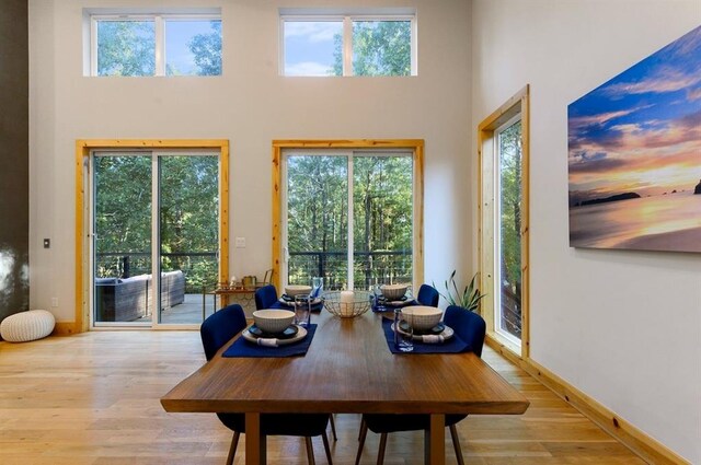 639 Woodland Hills Trl, Broken Bow, OK 74728 - dining room featuring plenty of natural light, a towering ceiling, and light hardwood / wood-style flooring