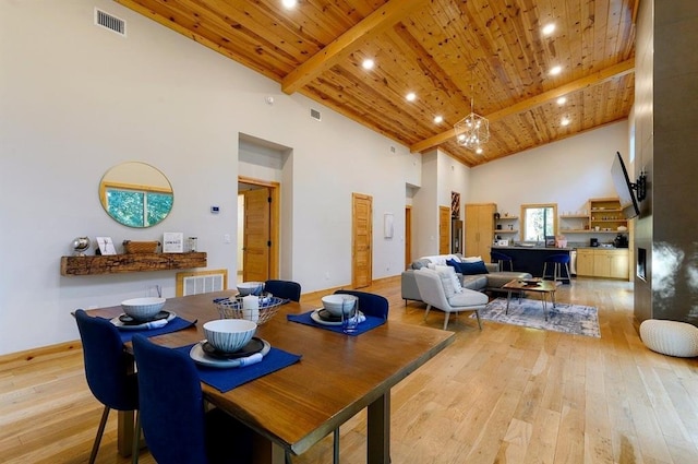 639 Woodland Hills Trl, Broken Bow, OK 74728 - dining area featuring an inviting chandelier, beam ceiling, high vaulted ceiling, wooden ceiling, and light wood-type flooring