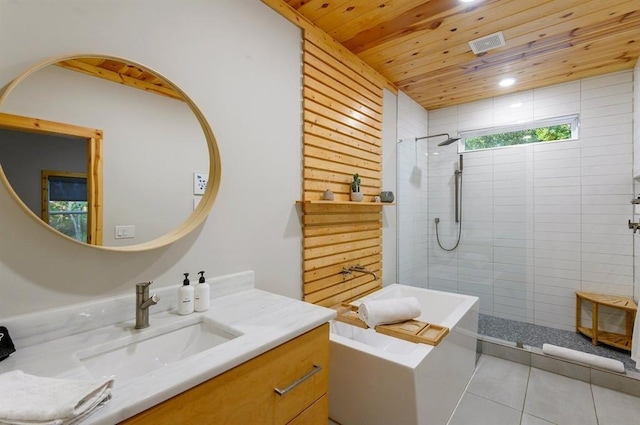 639 Woodland Hills Trl, Broken Bow, OK 74728 - bathroom with vanity, tile patterned flooring, wood ceiling, and separate shower and tub