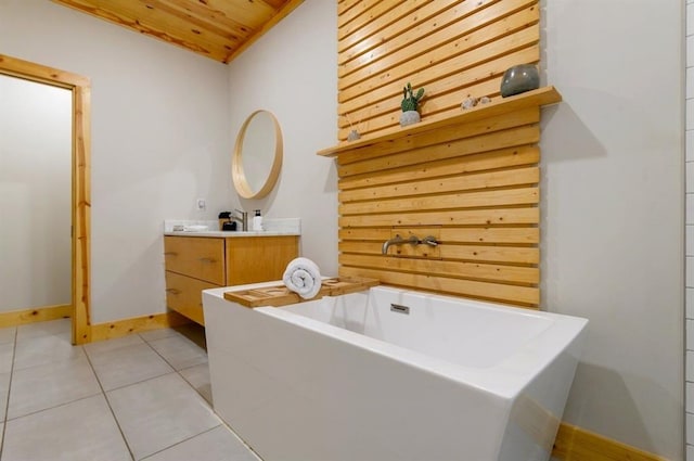 639 Woodland Hills Trl, Broken Bow, OK 74728 - bathroom with vanity, a bathtub, tile patterned floors, and wooden ceiling