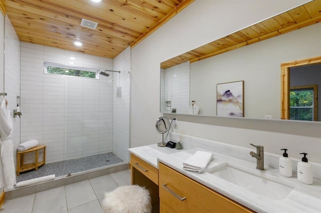 639 Woodland Hills Trl, Broken Bow, OK 74728 - bathroom with tile patterned flooring, vanity, a tile shower, and wooden ceiling