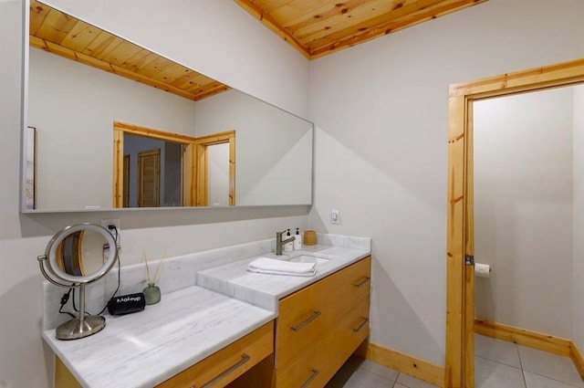 639 Woodland Hills Trl, Broken Bow, OK 74728 - bathroom featuring wood ceiling, vanity, and tile patterned flooring