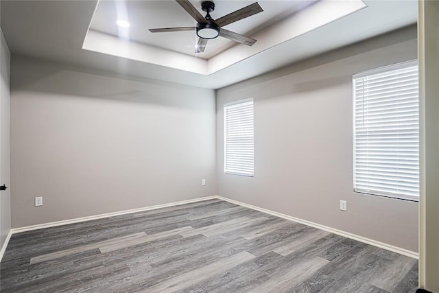 unfurnished room with wood-type flooring, ceiling fan, and a tray ceiling