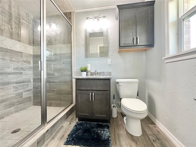 bathroom with a shower with door, vanity, and toilet