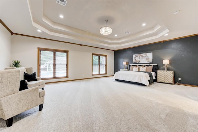 10401 Fawn Trace Rd, Mustang, OK 73064 - bedroom with recessed lighting, carpet floors, visible vents, and a raised ceiling