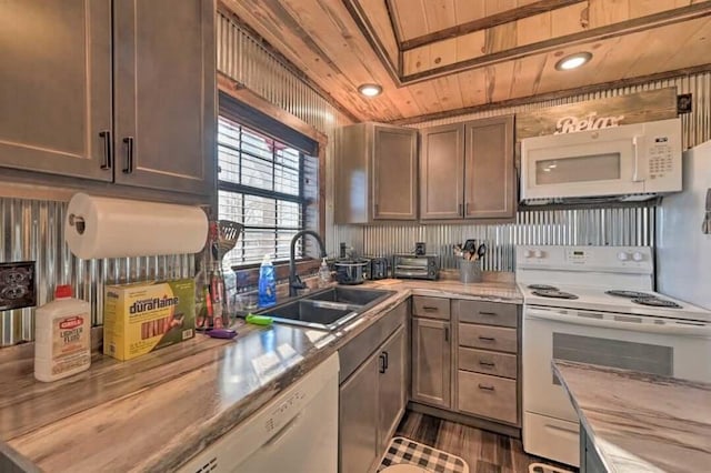 kitchen featuring sink, white appliances, wooden ceiling, and dark hardwood / wood-style floors