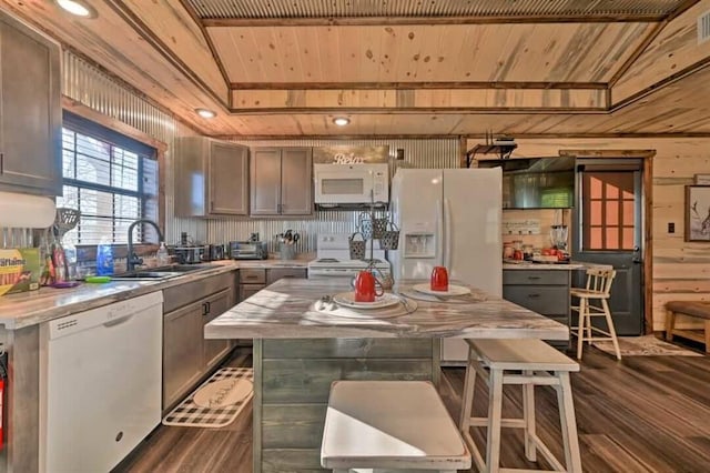 1985 Belpine Loop, Broken Bow, OK 74728 - kitchen featuring wood ceiling, white appliances, sink, and a kitchen island