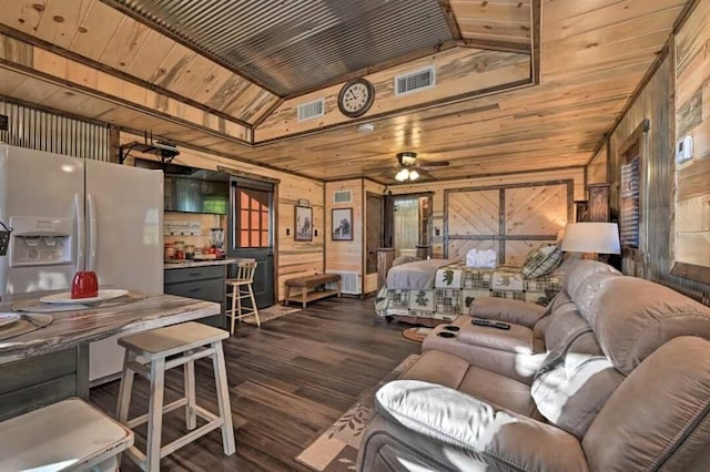 1985 Belpine Loop, Broken Bow, OK 74728 - bedroom featuring dark wood-type flooring, wood walls, vaulted ceiling, wooden ceiling, and white fridge with ice dispenser
