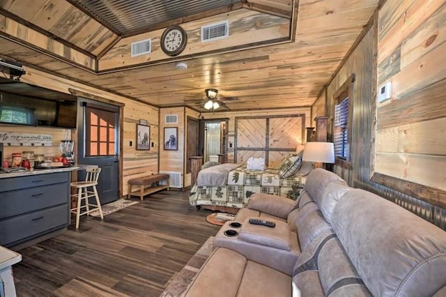 1985 Belpine Loop, Broken Bow, OK 74728 - bedroom with wood ceiling, dark hardwood / wood-style floors, wooden walls, and vaulted ceiling