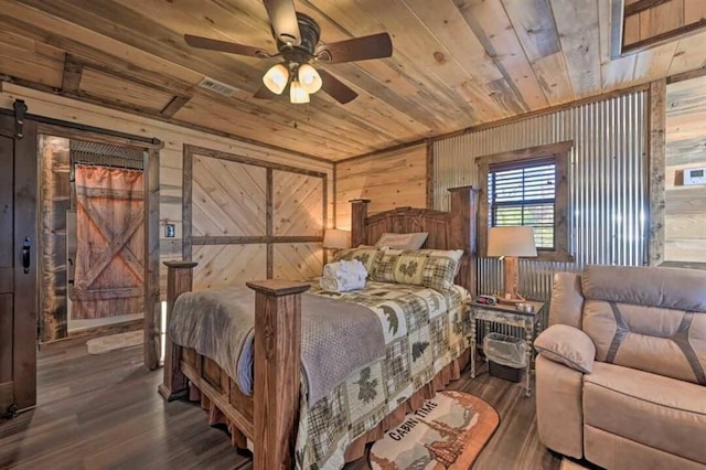 1985 Belpine Loop, Broken Bow, OK 74728 - bedroom featuring dark wood-type flooring, wood walls, a barn door, and wooden ceiling