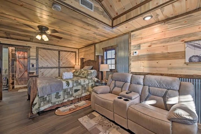 1985 Belpine Loop, Broken Bow, OK 74728 - bedroom featuring lofted ceiling, wood ceiling, wooden walls, and hardwood / wood-style flooring