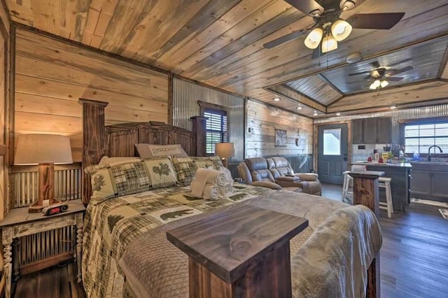 1985 Belpine Loop, Broken Bow, OK 74728 - bedroom with wood ceiling, wooden walls, dark hardwood / wood-style flooring, and sink